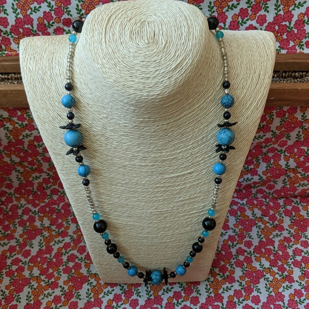 Black, turquoise and silver handbeaded necklace
